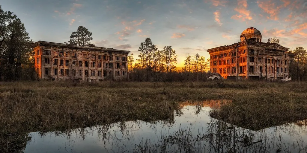 Image similar to abandoned huge building in shape of skull, puddles of water, trees, sunrise, orange glow, by greg rutkowsky and ivan shishkin,