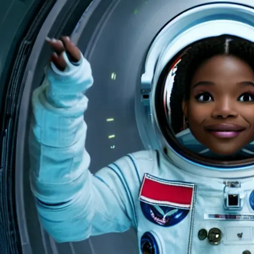 Image similar to halle bailey as an astronaut, high res imax 7 0 mm film grainy photo uhd