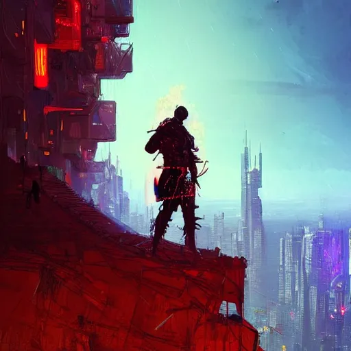 Image similar to a cyberpunk zulu warrior sitting on a cliff watching an enormous metropolitan city burn!! from a distance at night, fire, by alena aenami and android jones and greg rutkowski, Trending on artstation, hyperrealism, elegant, stylized, highly detailed digital art, 8k resolution, hd, global illumination, radiant light, detailed and intricate cyberpunk ghetto environment, rendered in octane, post processed, wide angle, dynamic portrait