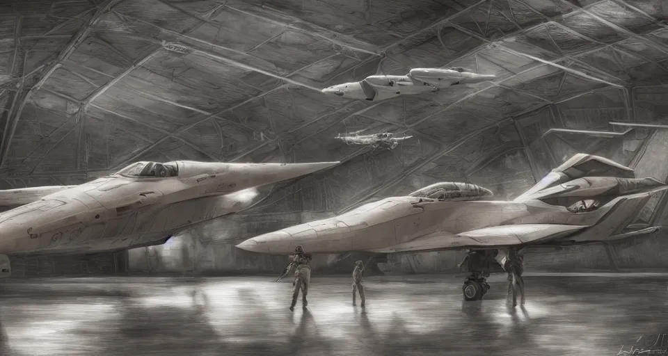 Prompt: inside the hangar of a starship, pilots run towards a fighter craft, photo sepia tone, realistic, detailed, hyperrealistic, dark sci - fi, by rutkowski, 8 k, artstation