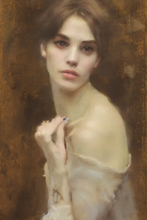 Prompt: Richard Schmid and Jeremy Lipking victorian genre painting full length portrait painting of a young beautiful woman victorian rich dancer