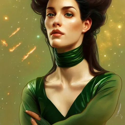 Image similar to Portrait of very very very very very very beautiful woman, spacesuit, green eyes, Amber skin, intricate, elegant, highly detailed, digital painting, artstation, concept art, smooth, sharp focus, illustration, art by artgerm and greg rutkowski and alphonse mucha