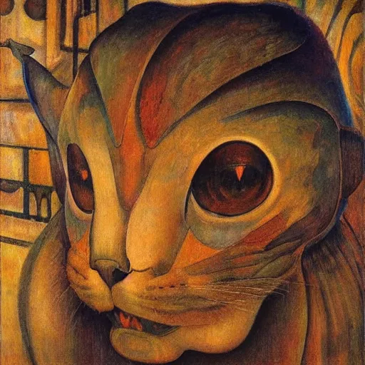 Image similar to masterpiece painting of a mechanical cat head, by annie swynnerton and diego rivera and nicholas roerich and jean delville, symbolist, dramatic lighting, god rays, elaborate geometric ornament, art brut, rich colors, smooth, sharp focus, extremely detailed, adolf wolfli and ( donato giancola )