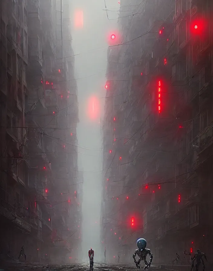 Image similar to a humanoid robot with red eyes marching down a street in los angeles, scifi, cinematic, horror, photorealism, hyper detailed, by greg rutkowski and zdzisław beksinski
