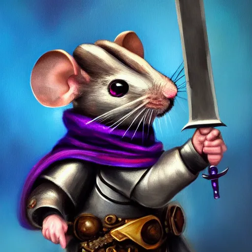 Prompt: armored mouse warrior holding a sword reaches for a purple crystal, trending on Artstation, Oil Painting, 8k, UHD