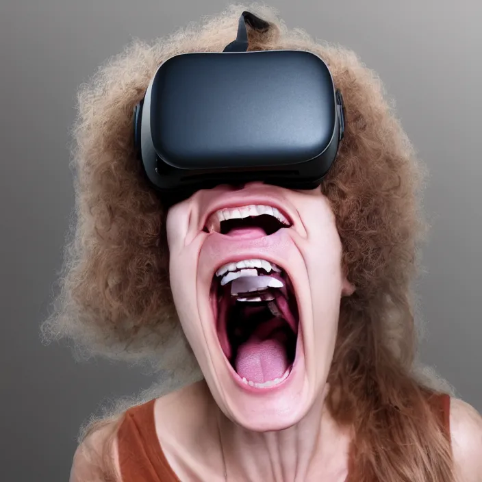 Prompt: Portrait of a non-existent person screaming to be let out of virtual reality, generated by an AI trained only on portrait images created by other AI systems