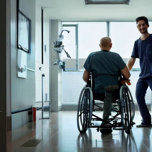 Prompt: a male patient in a wheelchair in the hospital with his wife and son standing by. happy, cheerful, smiling, intricate, face enhance, sharp focus, cinematic lighting, featured in artistation, 8 k, art by greg rutkowski, emiliya lane