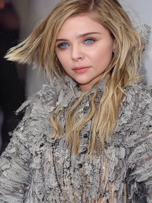 Prompt: hyperdetailed close shot of chloe grace moretz, winds of winter, with ripped crop t - shirt, fine - face, pretty face