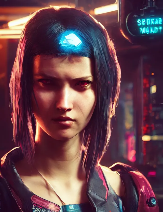 Prompt: close portrait of a young female waitress as cyberpunk 2 0 7 7 concept art, art by ryo shiotani and greg rutkowski, intricate, beautiful, cute, cinematic lighting, vintage art by serge ivanoff, high resolution, very detailed