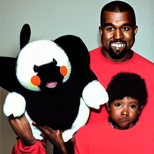 Image similar to Kanye West holding pikachu for a 1990s sitcom tv show, Studio Photograph, portrait C 12.0
