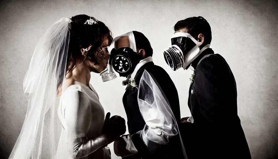 Image similar to disturbing big budget hollywood movie bride and groom wearing gas masks at the marriage of reason and squalor perfect composition dramatic lighting chiaroscuro