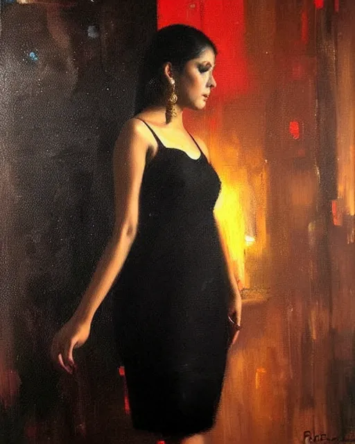 Image similar to beautiful portrait painting an gorgeous delhi girl wearing a little black dress at a nightclub, red lighting, oil painting, art by ruan jia