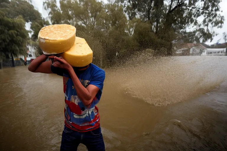 Prompt: closeup portrait of a man carrying a wheel of cheese over his head in a flood in North Terrace in Adelaide in South Australia, photograph, natural light, sharp, detailed face, magazine, press, photo, Steve McCurry, David Lazar, Canon, Nikon, focus