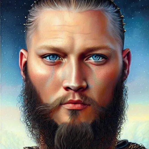 Image similar to ultra realistic portrait painting of a ragnar from the vikings with blue eyes and tribal tattoo, painted by Tristan Eaton Stanley Artgerm and Tom Bagshaw