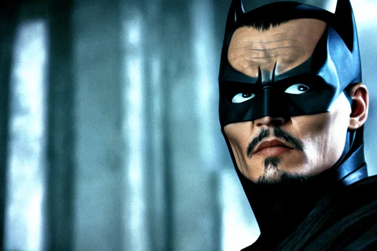 Image similar to film still of Johnny Depp as Batman in The Dark Knight, 4k