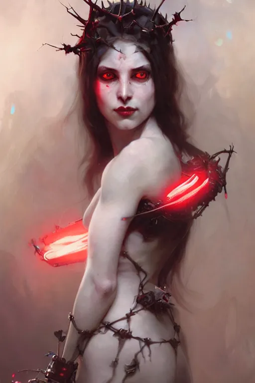 Image similar to Portrait of beautiful pale laughing succubus cyborg maiden with crown of thorns and glowing red eyes, steampunc, digital art from artstation by Ruan Jia and Mandy Jurgens and Artgerm and william-adolphe bouguereau