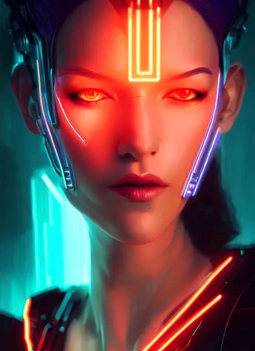 Image similar to portrait of female cyberpunk humanoid, asymmetric, intricate, elegant, cyber neon lights, highly detailed, digital photography, artstation, glamor pose, concept art, smooth, sharp focus, art by artgerm and greg rutkowski