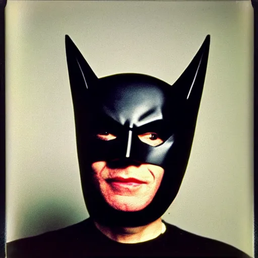 Image similar to Polaroid Portrait of Andy Warhol wearing a 1960s Batman Mask, taken in the 1970s, photo taken on a 1970s polaroid camera, grainy, real life, hyperrealistic, ultra realistic, realistic, highly detailed, epic, HD quality, 8k resolution, body and headshot, film still, front facing, front view, headshot and bodyshot, detailed face, very detailed face