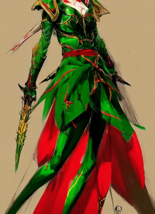 Image similar to Full body portrait of a beautiful young blonde short haired elven princess wearing red, green and gold priest robe. In style of Yoji Shinkawa and Hyung-tae Kim, trending on ArtStation, dark fantasy, great composition, concept art, highly detailed.