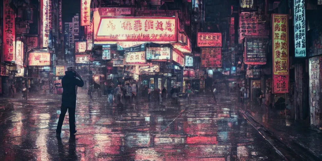 Prompt: a man standing at the street of kowloon city at night, raining, neon, artstation, super realistic, highly detailed