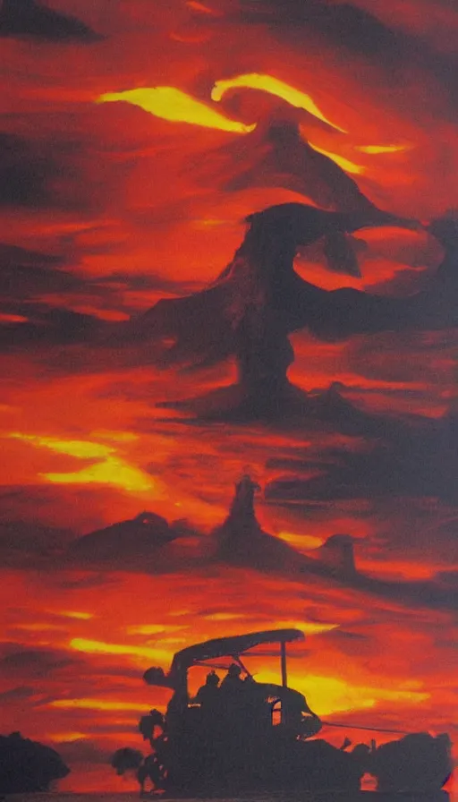 Image similar to donald trump's face close up on the apocalypse now poster, red sunset, snake river in the jungle, air brush, oil paint