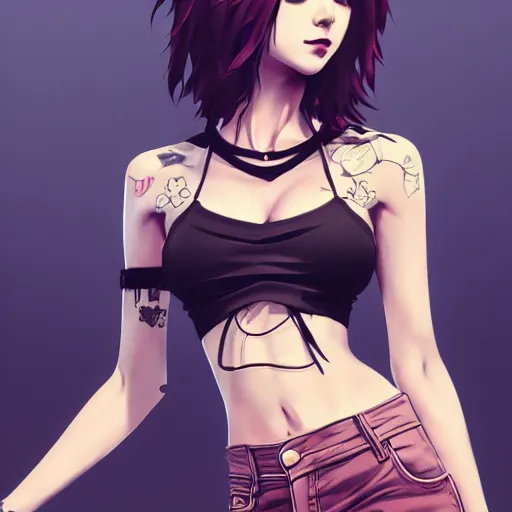 Image similar to torso shot of a beautiful punkrock woman in crop top, art by saruei and guweiz and ilya kuvshinov, digital art, highly detailed, intricate, sharp focus, trending on artstation hq, deviantart, pinterest, unreal engine 5, 4 k uhd image