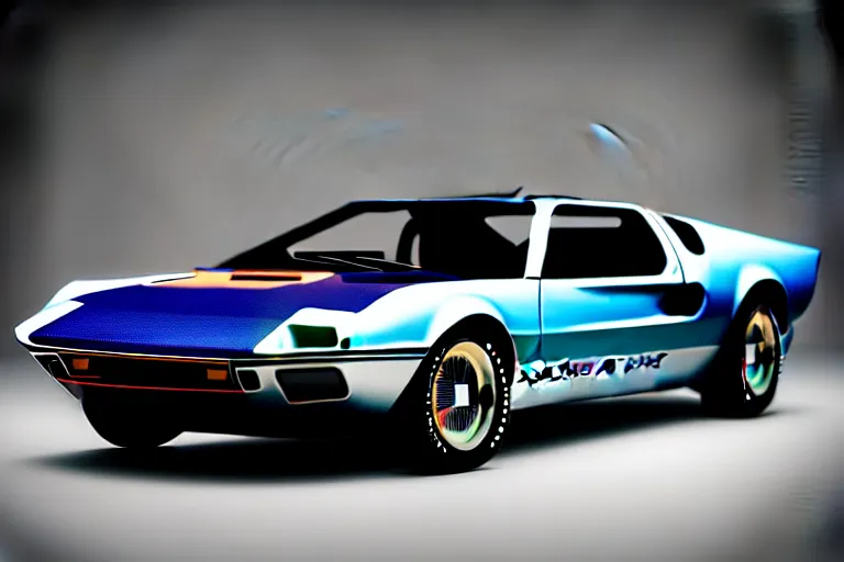 Image similar to designed by john delorean stylized poser of a single 1 9 6 9 fastback mustang ( mk 2 ford gt 4 0 ) delorean, large led lights, ektachrome photograph, volumetric lighting, f 8 aperture, cinematic eastman 5 3 8 4 film