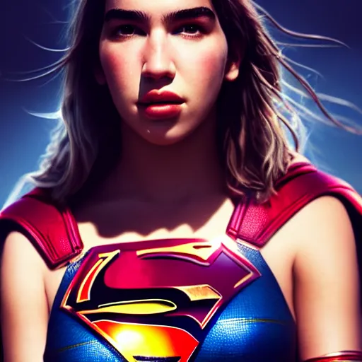 Prompt: a potrait of dua lipa potrayed as Supergirl by Zack Snyder, Christopher Nolan, 8k photorealistic, cinematic lighting, HD, high details, dramatic, trending on artstation, above view, dark atmosphere,