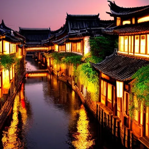 Image similar to evening water town in the south of china, zhouzhuang ancient town, sunset glow, super realistic photo