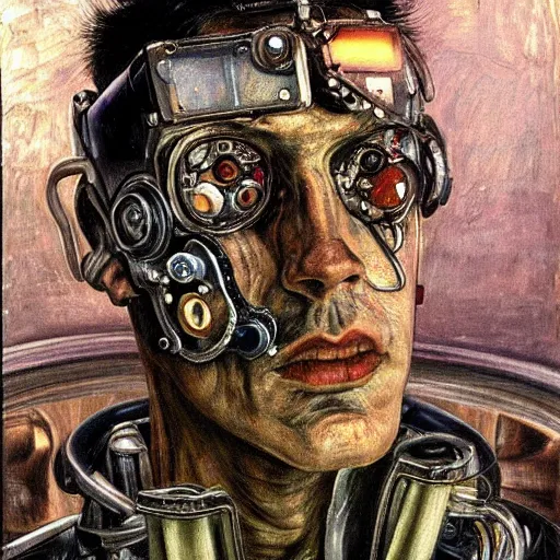 Prompt: portrait of a cyberpunk character, ( ( ( art by lucian freud ) ) ), cybernetic implant, more human than robot, award winning, masterpiece, intricate, dramatic light, detailed face, highly detailed, asymmetrical, dark