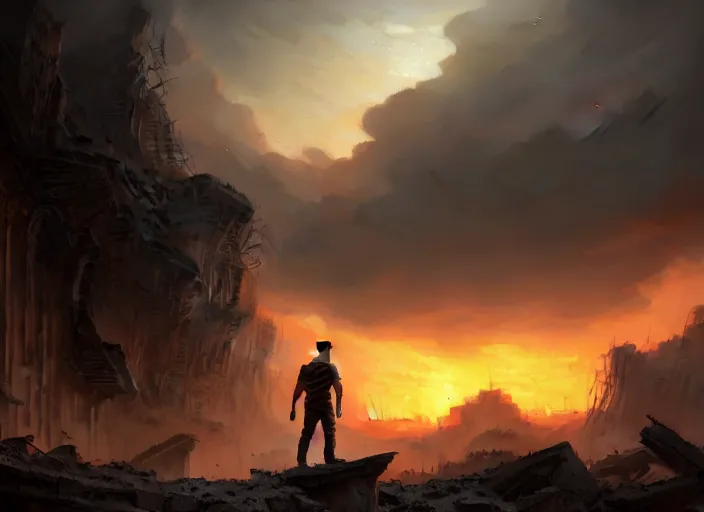 Image similar to highly detailed shot of a male explorer facing the camera in front of a rubble city, rule of thirds, character focus, perfect composition, cinematic view, epic sky, detailed, concept art, low angle, high detail, warm lighting, volumetric, godrays, vivid, beautiful, by jordan grimmer, art greg rutkowski, award winning photography