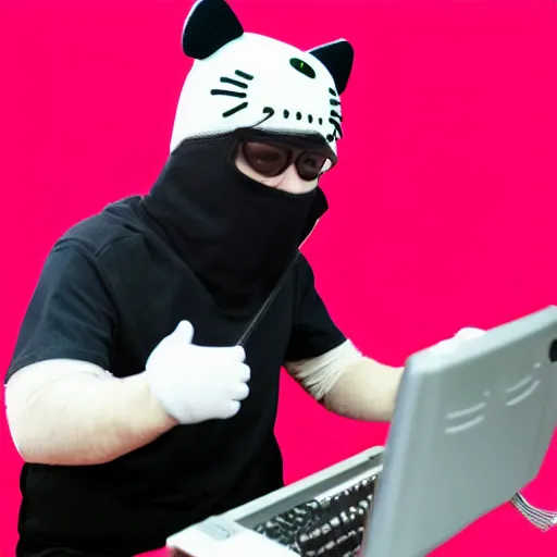 Image similar to Stock photo of a human burglar wearing a ski mask hacking into a pink Hello Kitty computer, funny, bizzare