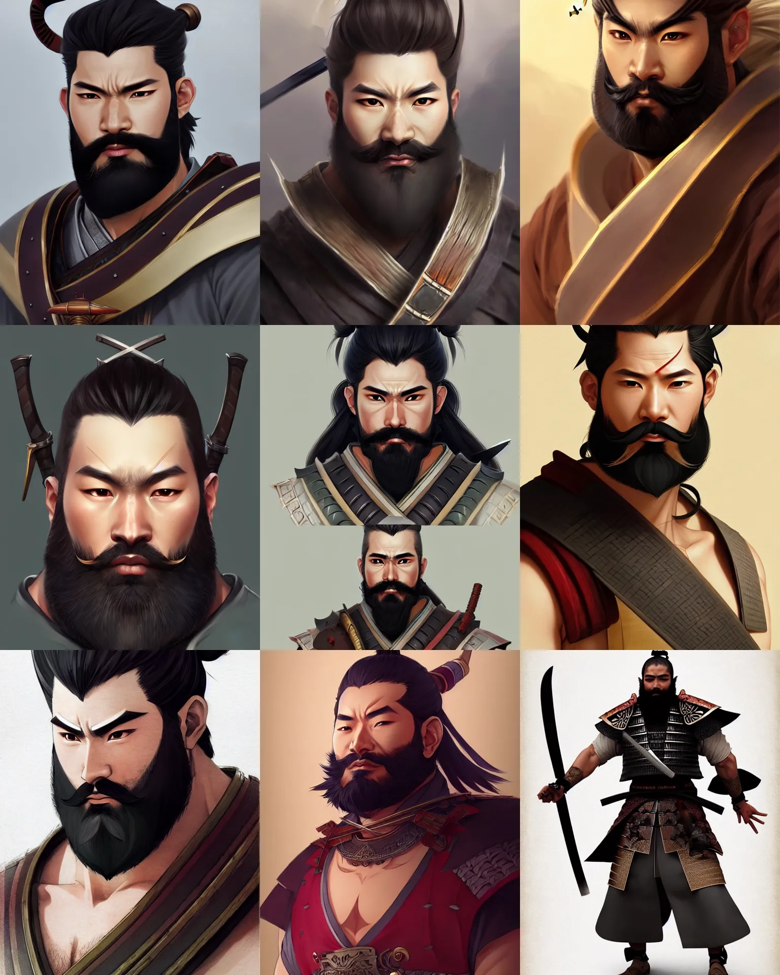 Prompt: character concept art of a male fantasy samurai with beard | | distinct - fine, key visual, realistic shaded perfect face, fine details by stanley artgerm lau, wlop, rossdraws, james jean, andrei riabovitchev, marc simonetti, sakimichan, and jakub rebelka, trending on artstation