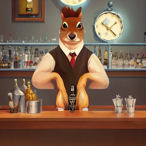 Prompt: a squirrel anthro as a dapper bartender with a big, fluffy tail, retro futurism, art deco, detailed painterly digital art by WLOP and Cory Loftis