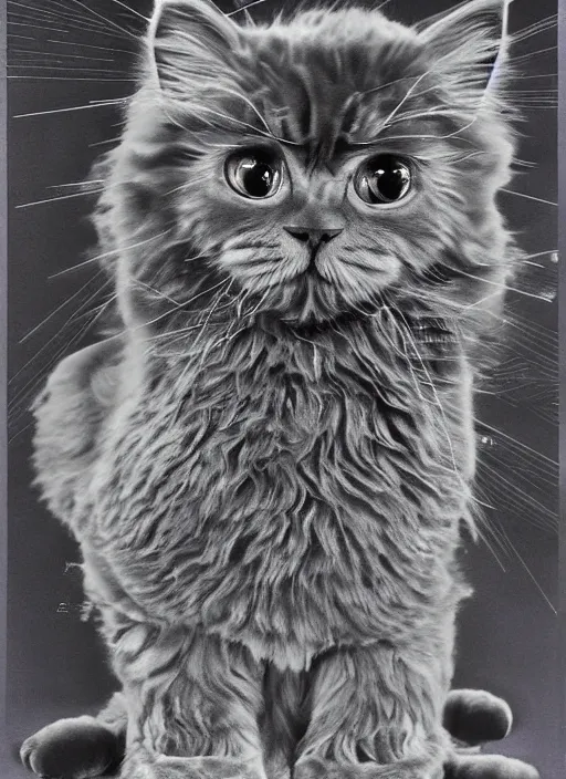 Image similar to futuristic fine lasers tracing, futuristic laser cat, fluffy selkirk rex longhair, by steven meisel, kaws, rolf armstrong, mondrian, kandinsky, perfect geometry abstract acrylic, octane hyperrealism photorealistic airbrush collage painting, dark monochrome, fluorescent colors, minimalist rule of thirds, eighties eros