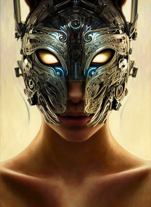 Image similar to organic cyborg, wolf mask opening to reveal radiant beautiful face, diffuse lighting, fantasy, intricate, elegant, highly detailed, lifelike, photorealistic, digital painting, artstation, illustration, concept art, smooth, sharp focus, art by John Collier and Albert Aublet and Krenz Cushart and Artem Demura and Alphonse Mucha