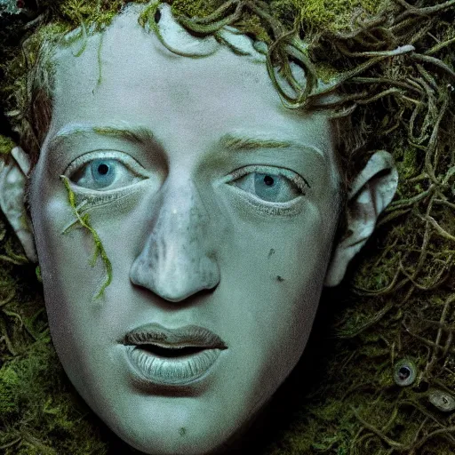 Image similar to Award-winning photograph by Mar Mann. The photo depicts a decaying roman bust of Mark Zuckerberg overgrown with moss at the bottom of the sea in the middle of ruins of civilization. Minimalism, high definition, perfect composition. Deep sea picture. Very dark. Volumetric Lighting. Fish. Darkness. Ruins