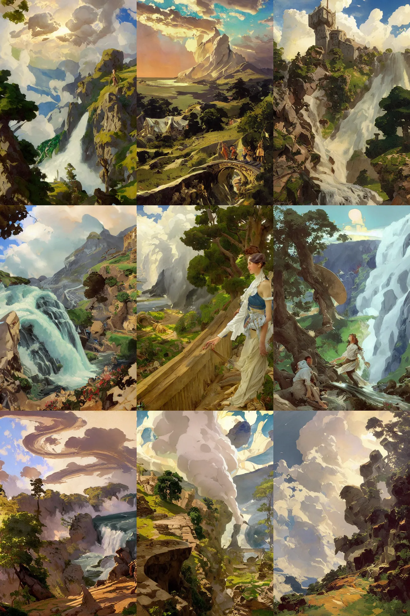 Prompt: painting by sargent and leyendecker and greg hildebrandt, james gurney, apollinaris vasnetsov, savrasov levitan polenov, studio ghibly style mononoke, huge old ruins giovanni paolo panini, middle earth above the layered low clouds waterfall road between forests big lake wide river trees sunrise sea bay view faroe azores overcast storm masterpiece