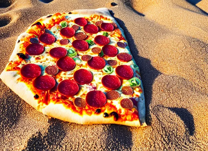 Prompt: clear highly detailed photorealistic food photograph of a pizza with salami anchovies pepperoni lying in beach sand at sunset