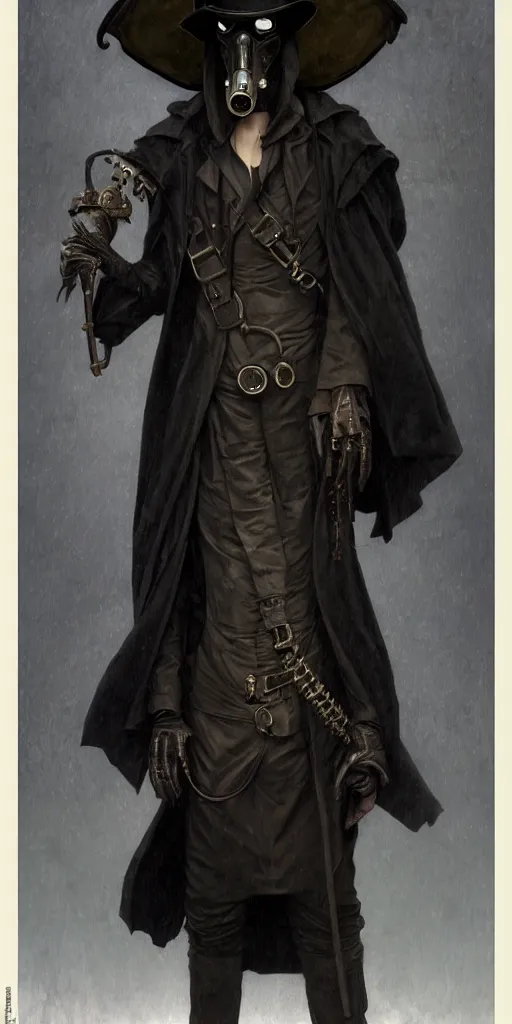 Image similar to portrait of man in black trench coat, wearing a steam punk plague doctor mask and a black top hat, highly detailed, artstation, concept art, by krenz cushart and donato giancola and william adolph bouguereau and alphonse mucha,