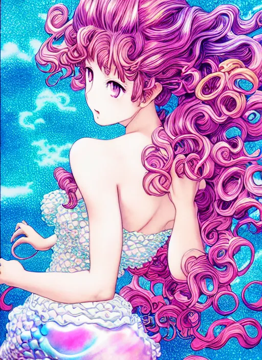 Prompt: manga of beautiful mermaid girl, curls hair, rococo ruffles dress, pastel rainbow, pearlescent, shimmering, reflective, rim light, detailed background, by takeshi obata, katsuhiro otomo, takato yamamoto, illustration, celluloid, dark fantasitc, artstation, concept art, highly detailed, colorful, maximalist