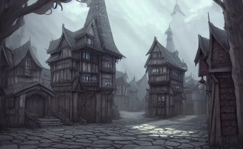 Prompt: beautifully drawn concept art of an old medieval mystic town : : art by hayao miyazaki and studio ghibli : : dramatic mood, overcast mood, dark fantasy environment : : trending on artstation, unreal engine, digital art