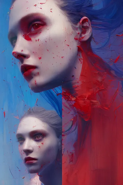 Image similar to 3 d, sci - fi, sun rays, grim fashion model face, cinematic, blue faces, vogue cover style, poster art, light red and deep blue mood, realistic painting, intricate oil painting, high detail, figurative art, multiple exposure, poster art, 3 d, by tooth wu and wlop and beeple and greg rutkowski