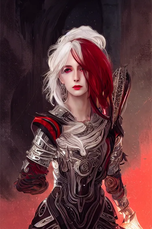 Image similar to portrait knights of white hair Zodiac girl+smoky eyes, black fire red color reflected armor, in ruined Agora of Athens rainy night, ssci-fi and fantasy, intricate and very very beautiful and elegant, highly detailed, digital painting, artstation, concept art, smooth and sharp focus, illustration, art by tian zi and WLOP and alphonse mucha