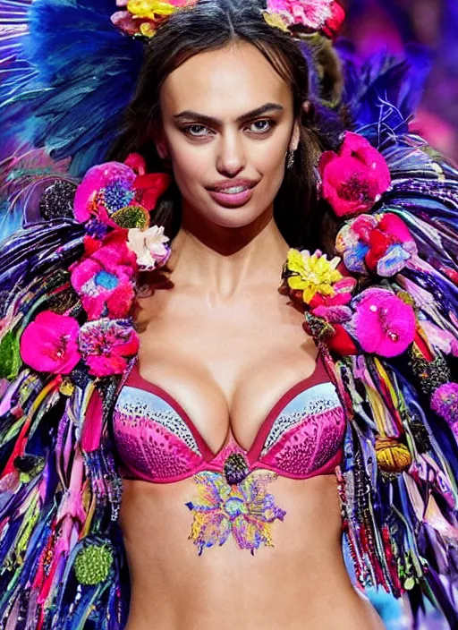 Prompt: beautiful catwalk portrait of Irina Shayk wearing fantastic bra and dress walking in the VICTORIA'S SECRET fashion show runway,embellished beaded feather decorative fringe knots ,colorful pigtail,subtropical flowers and plants,symmetrical face,intricate,elegant,highly detailed,8k,post-processing,digital painting,trending on pinterest,harper's bazaar,concept art, sharp focus, illustration, by artgerm,Tom Bagshaw,Lawrence Alma-Tadema,greg rutkowski