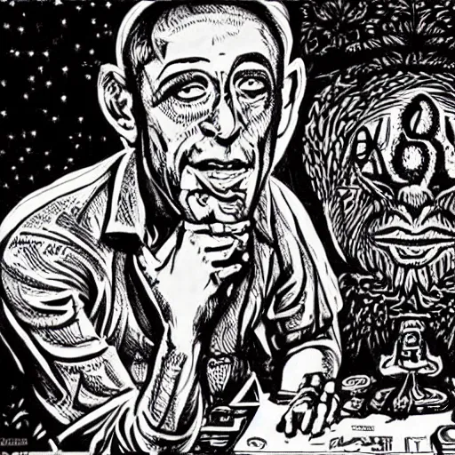 Image similar to Joe Rogan interviewing a psychedelic-DMT, surrealist clock-work Elf, famous painting by R. Crumb and Walt Disney