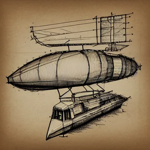 Image similar to technical drawing of a steampunk airship on parchment paper