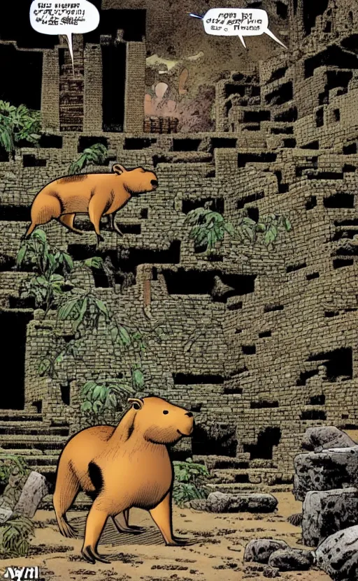 Prompt: an animated capybara exploring some mayan ruins, comic by david finch and frank miller, detailed shading