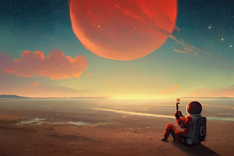 Image similar to astronaut sitting at the beach of an alien planet watching the sunset, surreal photography, dark night, stars, moon light, impressionist painting, clouds, digital painting, artstation, simon stalenhag