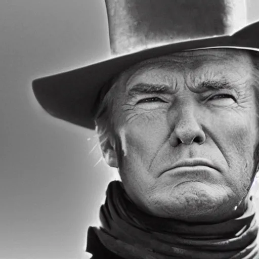 Image similar to an 1 8 0 0 s photo of donald trump playing the role of clint eastwood, squinting at high noon, in the style of a clint eastwood movie, the good, the bad and the ugly, clint eastwood, vibe, donald trump, glory days, mount rushmore, stern, resolve, formal, justice, american flag, independence, patriotism